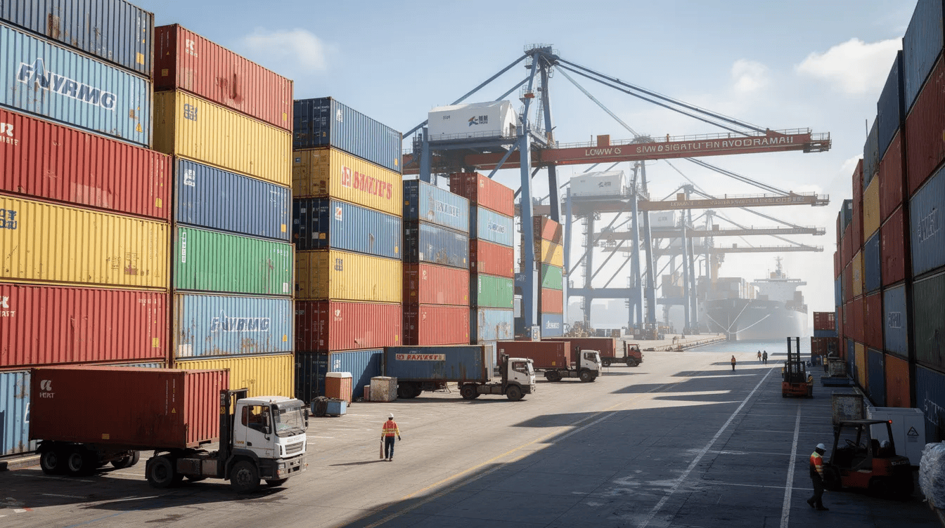 The image depicts a busy international port filled with colorful shipping containers stacked high, surrounded by large cargo cranes. This vibrant scene highlights the complexity of supply chain management and the importance of efficient logistics in reducing manufacturing costs.