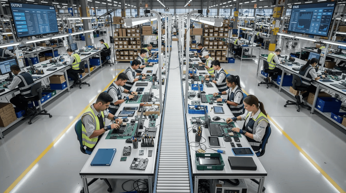 The image depicts a busy factory floor where workers are efficiently assembling consumer electronics at organized workstations, highlighting the principles of lean manufacturing and the importance of labor productivity in reducing manufacturing costs. The scene emphasizes a well-coordinated operation aimed at achieving cost savings and improving overall production processes.