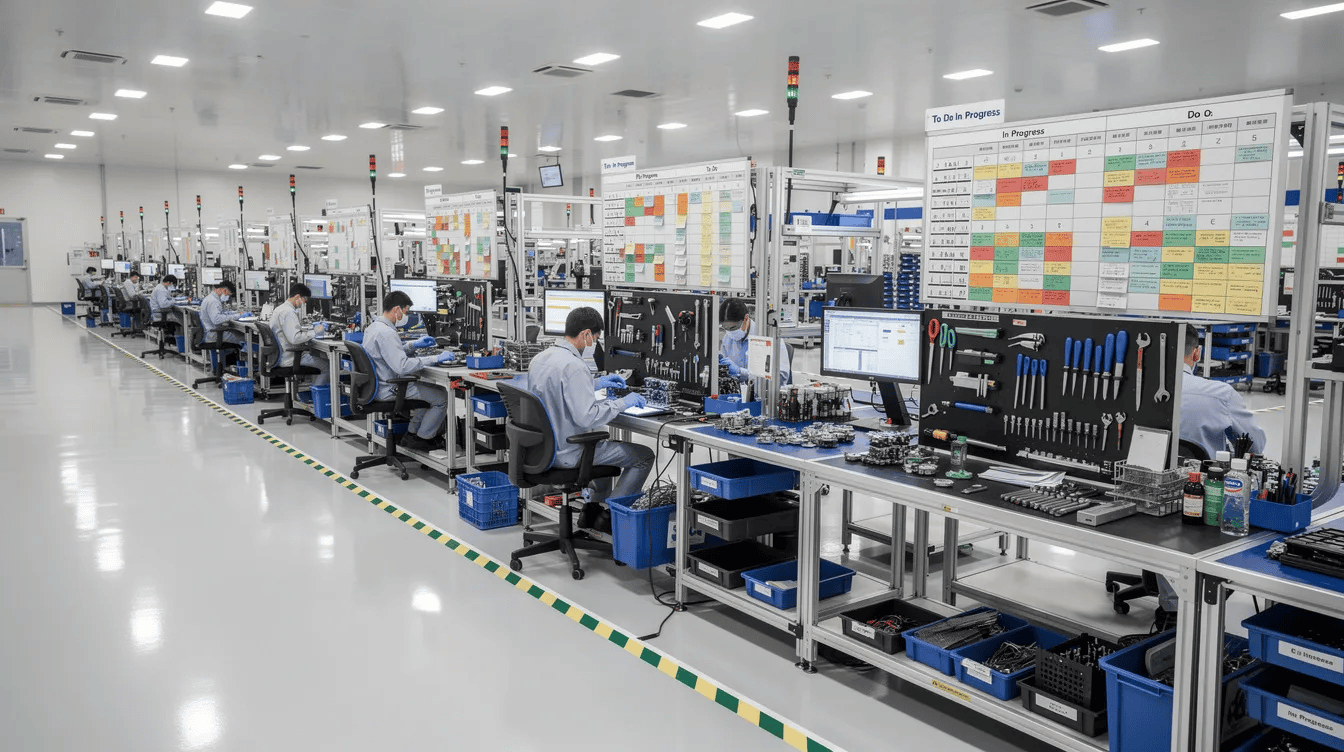 The image depicts a meticulously organized lean manufacturing production line featuring kanban boards and clean workstations, emphasizing efficiency and cost reduction in the entire production process. This setup aims to enhance labor productivity and minimize manufacturing costs while ensuring high product quality and customer satisfaction.